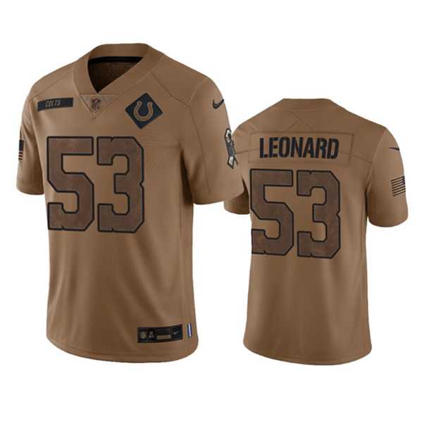 Mens Indianapolis Colts #53 Shaquille Leonard 2023 Brown Salute To Sertvice Limited Football Stitched Jersey Dyin